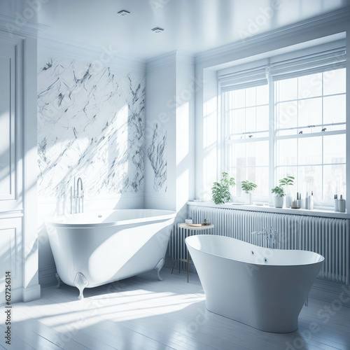 Scandinavian Modern Interior Design Of Bathroom  Decorative Wall And Bathtub  Panoramic Window With View  Generative AI