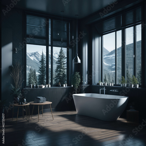 Scandinavian Modern Interior Design Of Bathroom  Decorative Wall And Bathtub  Panoramic Window With View  Generative AI