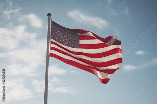 a flag waving proudly in the wind against a clear, bright sky, symbolizing patriotism and unity.