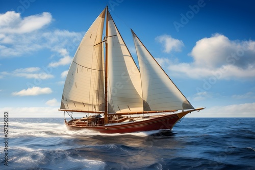 a sailing boat on a windy day, with full sails catching the wind against a backdrop of a deep blue ocean and clear sky.