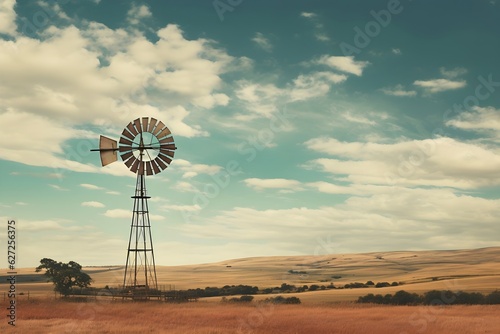 an old windmill standing tall in a rural landscape, its blades turning rapidly on a windy day.