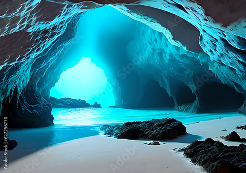 A frozen cavern with a shimmering blue lake in the center, surrounded by towering ice, Fantasy Illustration, Generative AI