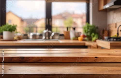 Empty Wooden Tabletop With Blurred Kitchen Background