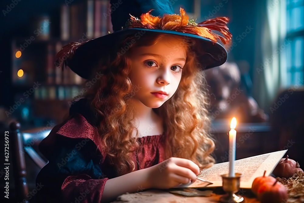Little girl witch in witches hat with candle makes a spell using magic book. Halloween concept Little girl witch in witches hat with candle makes a spell using magic book. Halloween concept