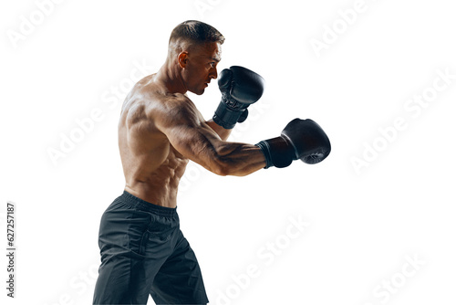 Sporty muscular man during boxing exercise making direct hit, side view. Portrait of boxer isolated on white background © USM Photography