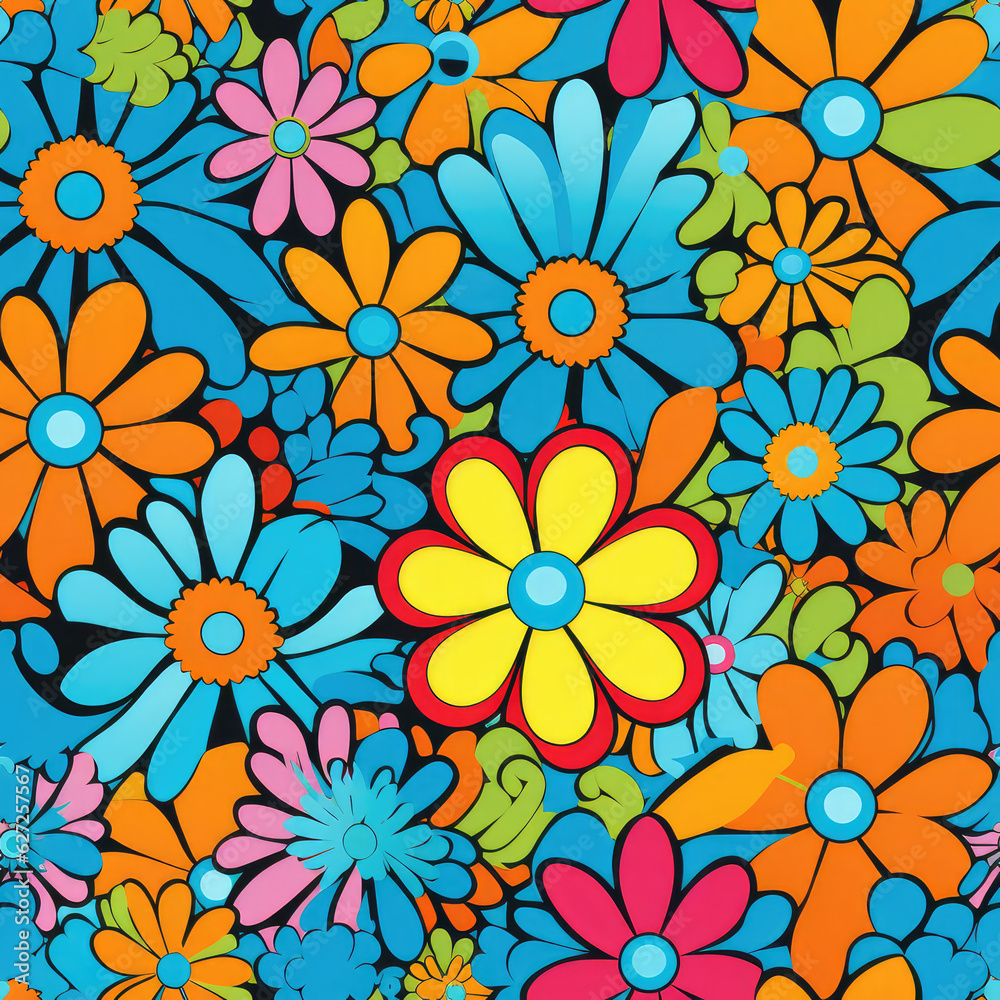 Hippie flowers repeat pattern 60s