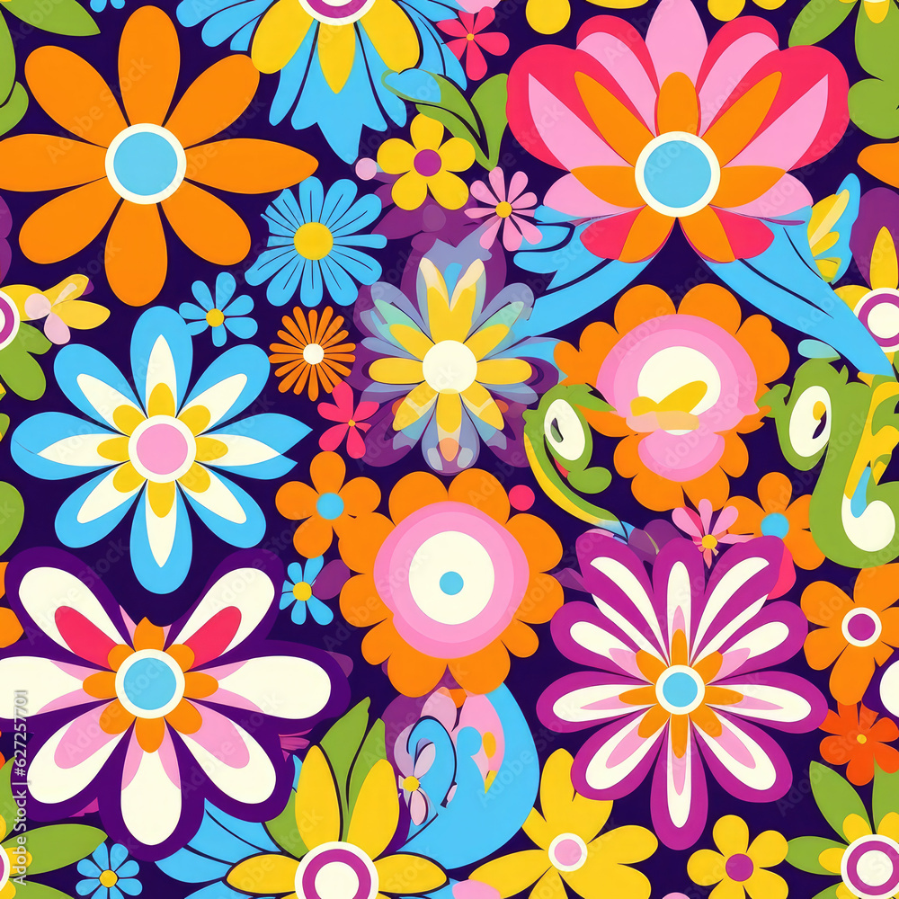 Hippie flowers repeat pattern 60s