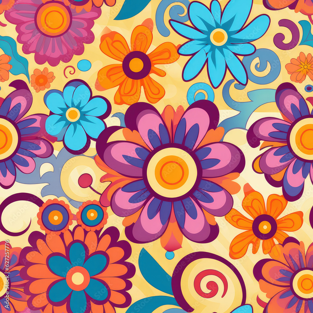 Hippie flowers repeat pattern 60s