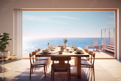 Luxury trendy modern dinning room with sew view, Beach villa with swimming pool. AI Generative © Elena