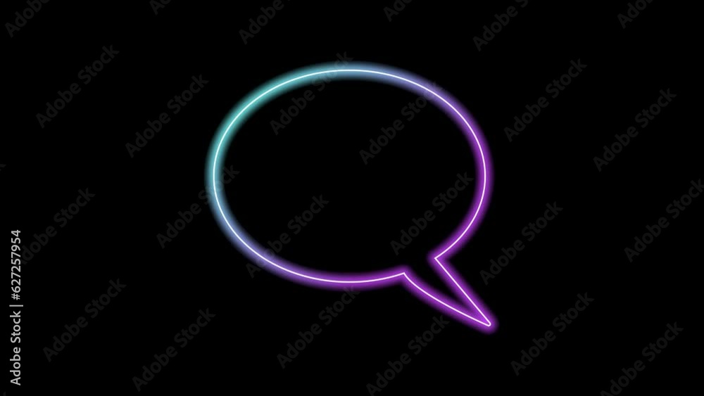 Colorful neon speech bubble on black background. Glowing blank chat balloon.