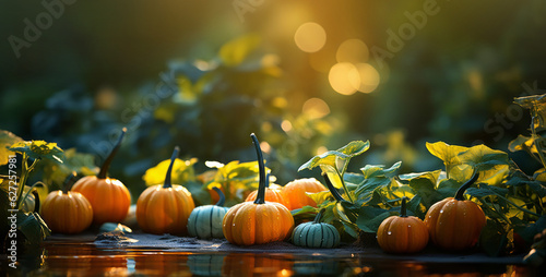 Autumn natural garden background, warm seasonal colors, fresh mixed pumpkins and green foliage. Colorful Thanksgiving season banner.