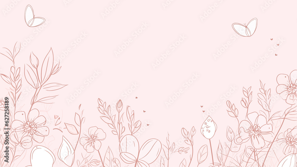 Card with flowers, leaves and butterflies in pastel colors with copy space. Card with flowers, leaves and butterflies in pastel colors with copy space.