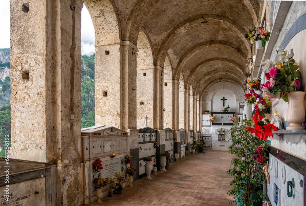View down the aisle of the famous cemetery on the hill above Amalfi, Campania, italy