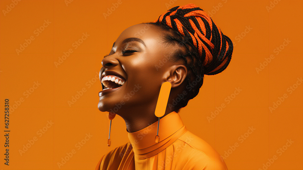 smiling portrait, beautiful woman with afro hair smiling on bright background, dramatic lighting. copy text space 