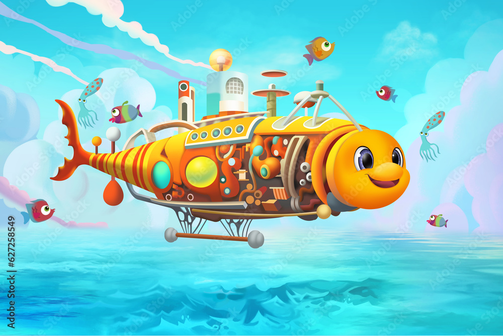 Obraz premium Futuristic Fish Ship. Mechanical Wonders of the Sea. Navigating with Grace and Power. Backdrop Art Realistic Illustration Game Background Digital Painting CG Artwork Scenery Serious Book Illustration 
