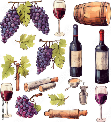 Vector Hand Drawn Wine Elements including wine glass, bottle, wine cork, grape, corkscrew icon eps10. Vector Old alcohol retro style icon eps10. ai generated image