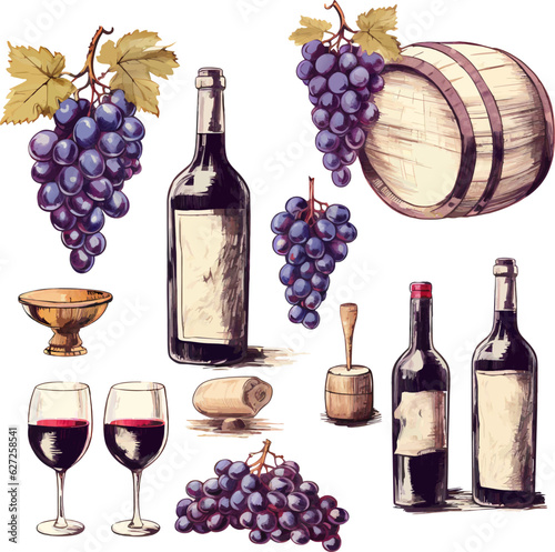 Vector glass of wine, torn grapes, bottles of wine icon eps10. Vector retro style hand drawn wine set icon eps10. ai generated image