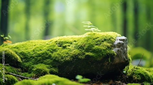 A stone covered with green moss in the forest. Wildlife landscape. Beautiful Bright Green moss grown up cover the rough stones and on the floor in the forest. Product display mockup.