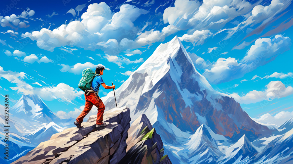 Mountaineer, climb, snow landscape. Illustration style