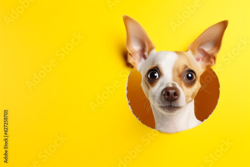 Dog peeks in surprise through a hole in the paper on a pastel yellow background, with copy space © Tamara