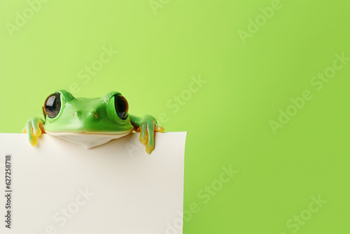 Frog peeks in surprise through a hole in the paper on a pastel green background, with copy space