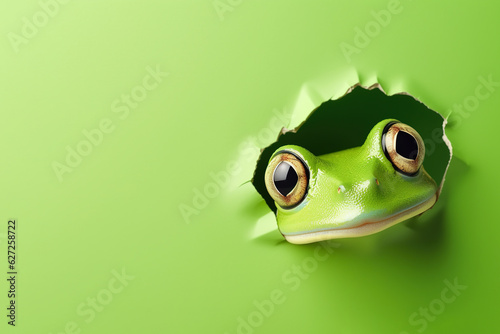 Frog peeks in surprise through a hole in the paper on a pastel green background, with copy space