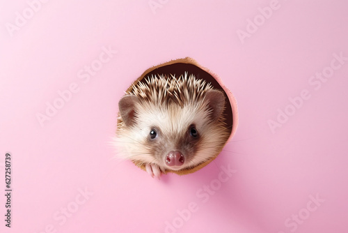 Hedgehog in surprise through a hole in the paper on a pastel pink background, with copy space