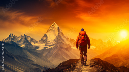 Fantasy Adventure Composite with mountaineer on top of a Mountain Cliff with Dramatic Landscape in Background. Dramatic Stormy Sunset Sky. © Tamara