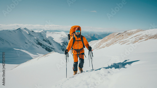 Climber climbing mountain with snow field tied with ice axes and helmets