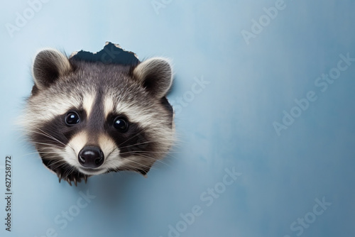 Raccoon peeks in surprise through a hole in the paper on a pastel blue background, with copy space,