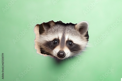 Raccoon peeks in surprise through a hole in the paper on a pastel green background, with copy space,