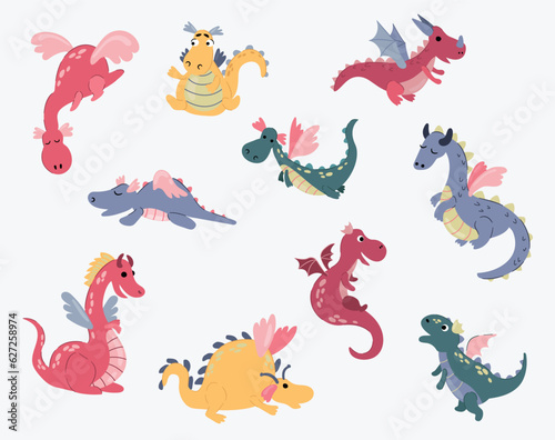 Set of cute hand drawn dragons. White background, isolate.
