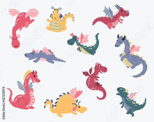 Set of cute hand drawn dragons. White background  isolate. 