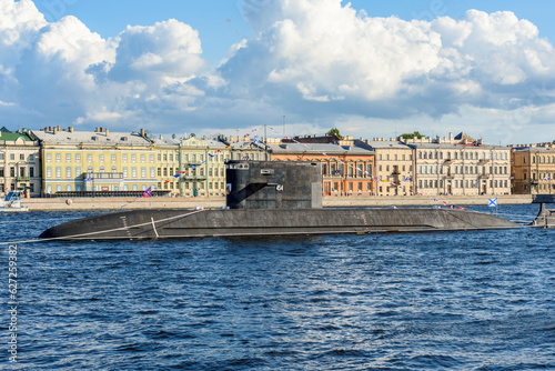 Military submarine on Neva river around Day of Russian Navy, Saint Petersburg, Russia