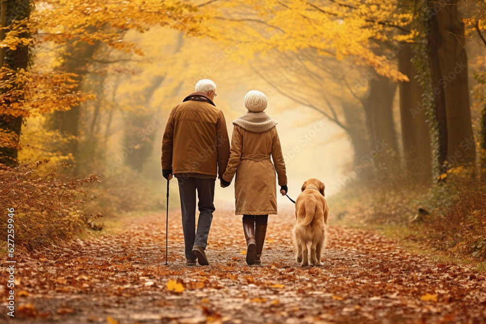 Fototapeta premium Senior couple with a dog walks on autumn park. AI generated