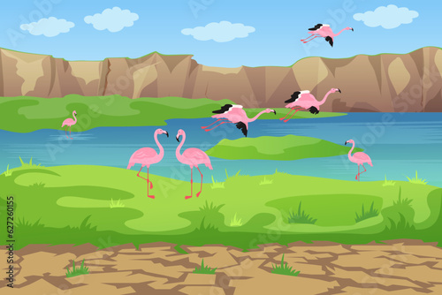 Flamingos flying away from pond vector illustration. Summer landscape with birds seeking new habitat after swamp drought. Flamingo migration, climate change, nature concept