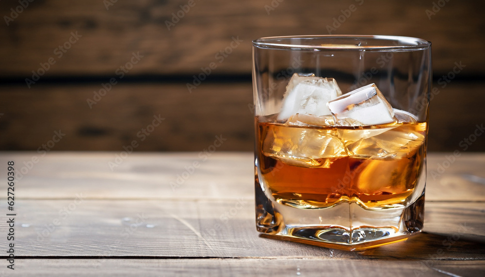 Glass of whiskey with ice on wooden table. Copy space for text.