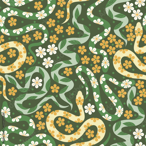 Vector seamless pattern with colorful ornate snakes and flowers.
