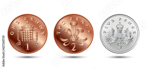 Vector Set British coin one, two, five pence.