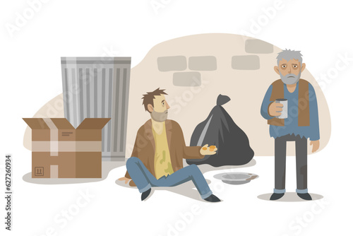 Homeless men asking for money in street vector illustration. Poor people skipping meals or starving because of food inflation and lack of state support. Poverty, hunger, food shortage concept