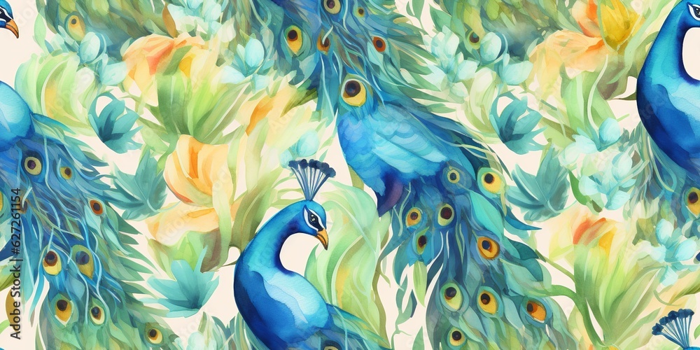 Peacock watercolor painting seamles pattern, Generative AI