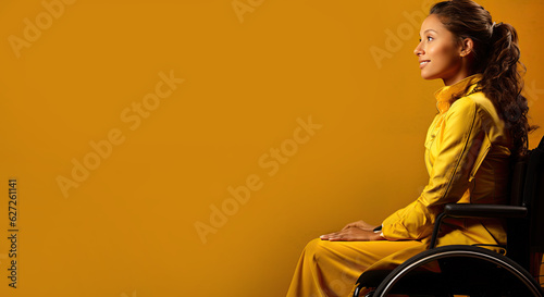 wheelchair paraathlete woman profile on yellow wall background photo