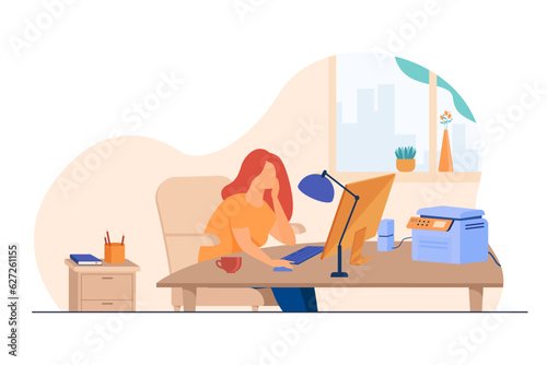 Home office set-up for remote work vector illustration. Woman working from home, using computer and printer on desk. Comfortable workplace with proper lighting and equipment. Self-employment concept
