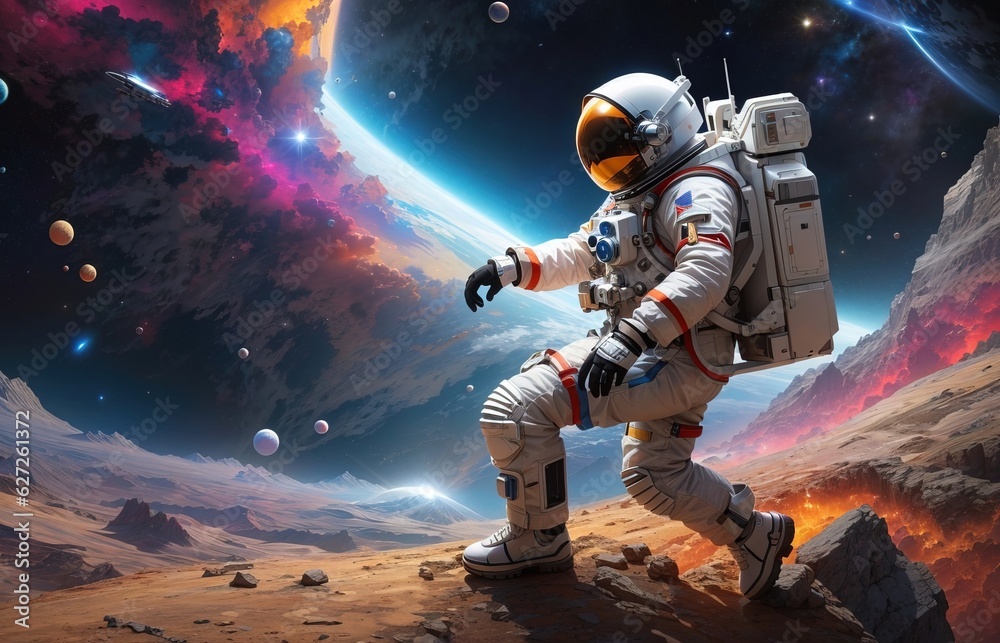 Astronout At Space With Colorfull Galaxy Background Astronout At Space With Colorfull Galaxy Background