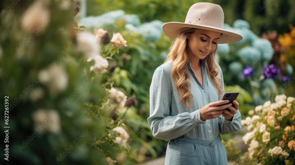 Woman in a hat is looking at her phone in a flower garden.