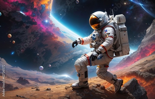 Astronout At Space With Colorfull Galaxy Background