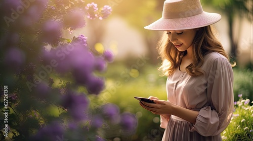Woman in a hat is looking at her phone in a flower garden.