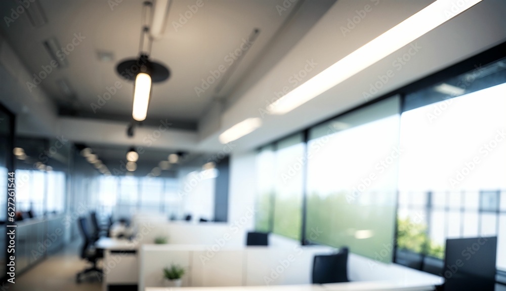 Blurred Background of a Light Modern Office with Panoramic Windows and Beautiful Lighting ai generated