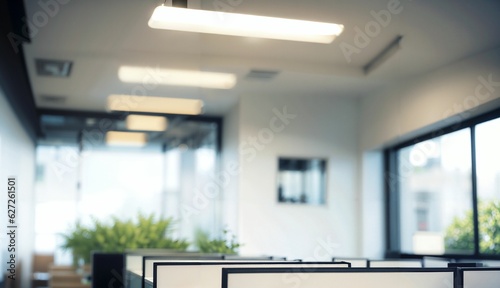 Blurred Background of a Light Modern Office with Panoramic Windows and Beautiful Lighting ai generated