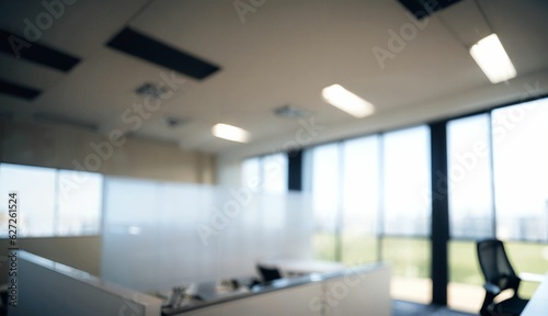 Blurred Background of a Light Modern Office with Panoramic Windows and Beautiful Lighting ai generated